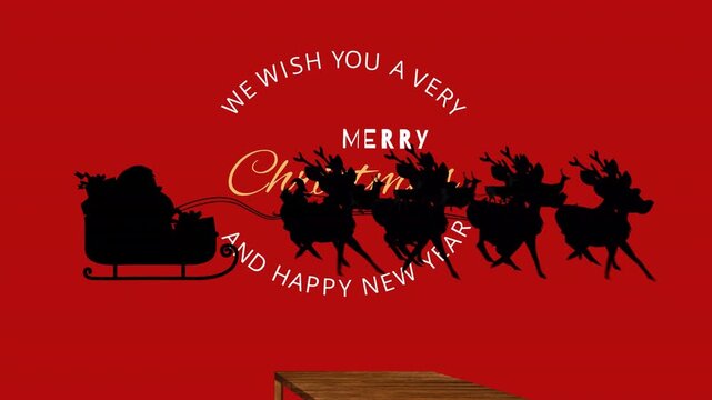 Animation of christmas greetings text over santa claus in sleigh with reindeer on red background