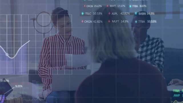 This video shows warehouse workers working together in a warehouse, with animation of financial data
