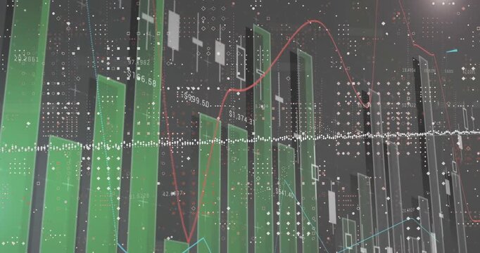 Animation of statistics and financial data processing over cityscape