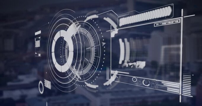 Animation of scope, statistics, data processing over cityscape