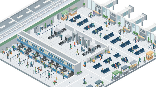 Isometric illustration: busy airport terminal interior with diverse passengers at check-in, security, and waiting for flights.