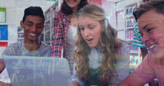 Animation of graphs, globe and trading board over smiling diverse students using laptop in library