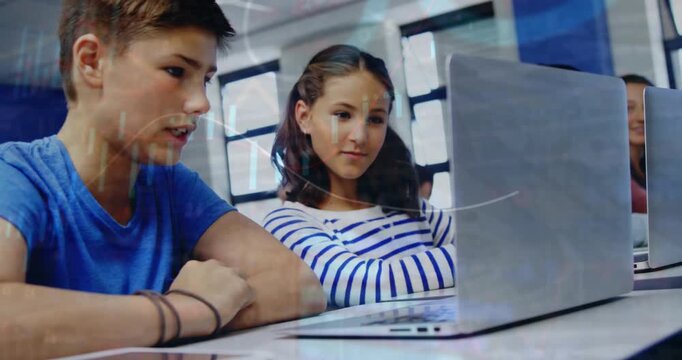 Animation of graphs, bar, circles over diverse students watching project over laptop in classroom