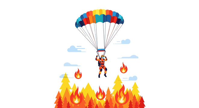 Firefighter parachuting into forest fire danger zone.