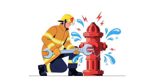 Firefighter repairing a leaking red fire hydrant with a wrench.