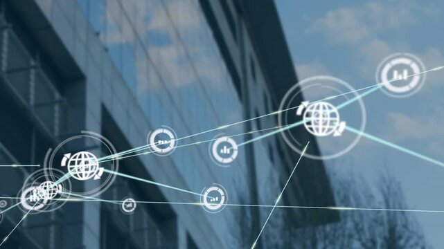 Animation of network of connections with icons over cityscape