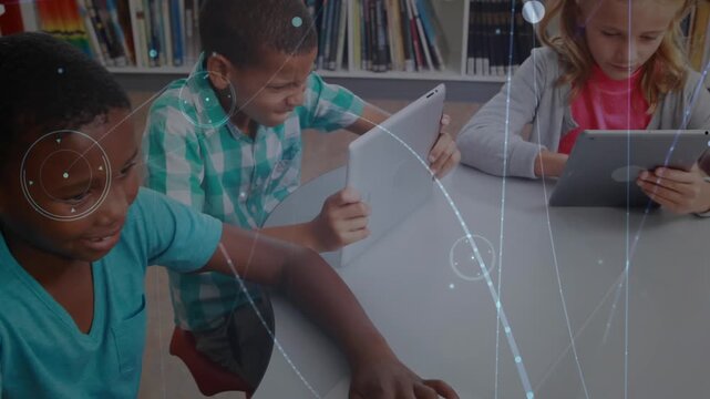 Animation of connected dots, lens flare over diverse student using technology in library at school