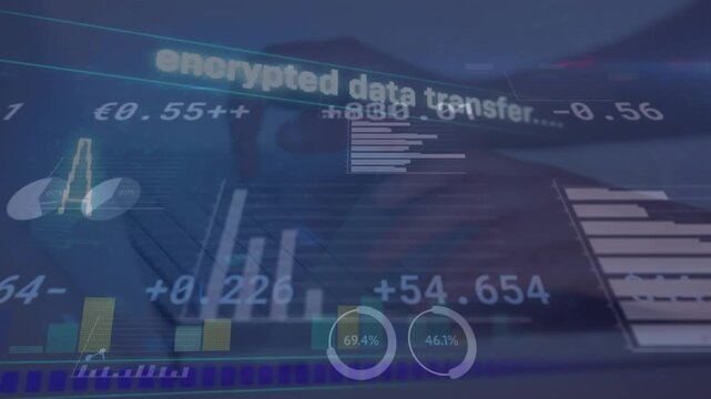 Animation of data processing and text over caucasian businessman using laptop