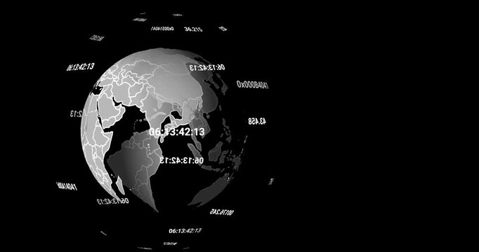 Animation of globe with data processing spinning on black background