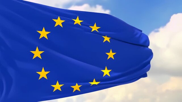 A vibrant blue flag with golden stars arranged in a circle, waving in the sky with clouds