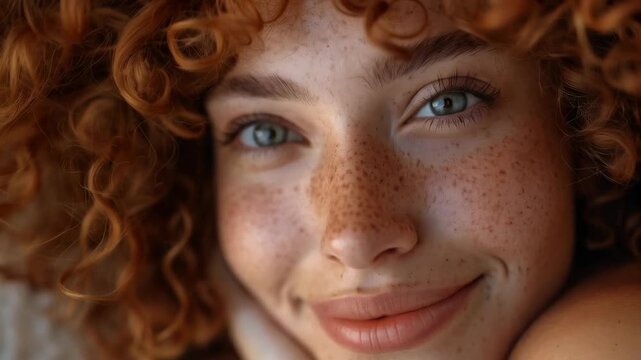 A close-up of a young woman with curly red hair, blue eyes and freckles, smiling gently, provides a natural and appealing backdrop for content on natural beauty and skincare.
