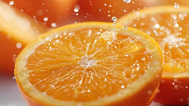 Juicy navel orange slices glistening with water droplets capture attention