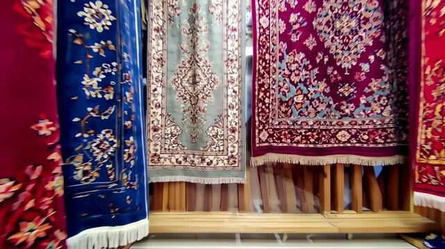 Interior view of textile display showing colorful traditional rugs with intricate floral patterns