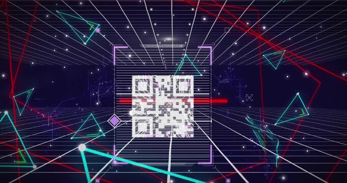Animation of qr code scanner, white spots and plexus networks over grid network on blue background