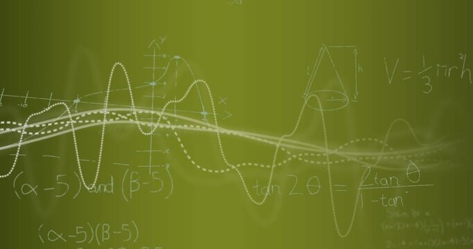 Animation of data processing and mathematical equations floating against yellow gradient background