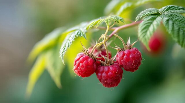 Closeup of dewdrenched raspberries on a branch swaying gently in the breeze