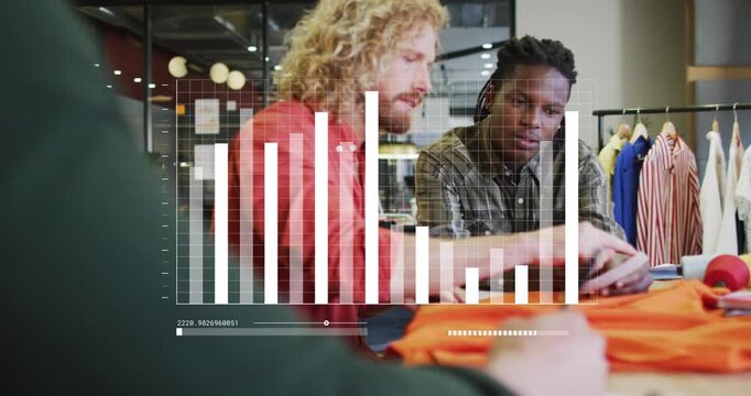 Animation of bar graph and loading bars, diverse coworkers sharing ideas in office