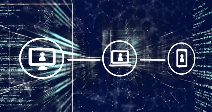 Animation of flowchart of icons and computer language with connected dots over black background