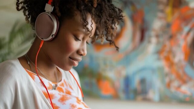 A young woman wearing headphones and with her eyes closed is enjoying the music against a backdrop of vibrant street graffiti, creating a modern and relaxed setting for content about urban culture and
