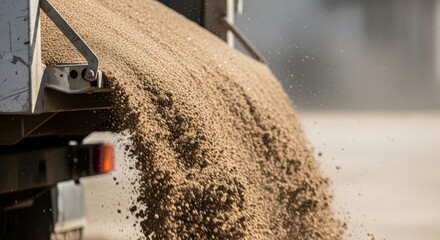 Heavy working equipment unloading sand from dump truck onto construction site. Sand is pouring quickly from back of truck, creating a smooth surface for construction activities.
