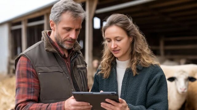 Farmers collaborating on tablet in front of sheep pen for modern agricultural planning