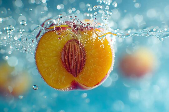 Halved sun grand nectarine falls into water creating splashes and bubbles