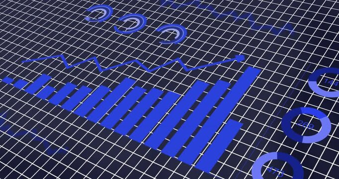 Animation of interface with statistical data processing over grid network against blue background