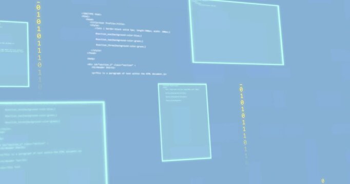 Animation of programming language with binary codes and screens on blue background