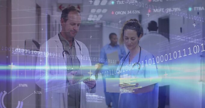 Animation of graphs, trading boards, computer language, diverse doctors discussing patient reports