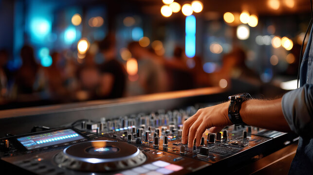 Faceless DJ hand skillfully mixing tracks on professional setup during lively event, immersing audience in music rhythm and electrifying nightlife energy concept, defocused crowd