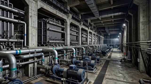 Massive AI cluster cooling infrastructure features giant industrial heat exchangers and coolant distribution pumps in brutalist concrete facility.