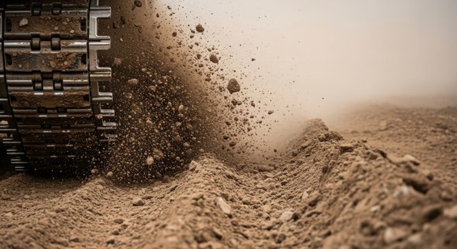 Heavy working equipment in action with tracked vehicle moving across dusty terrain, kicking up dirt and debris.
