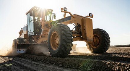 Obraz premium Heavy grading equipment in use on construction site with sunlight shining. Grader machinery performing precise leveling and ground preparation.