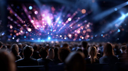 Naklejka premium Captivating view of theater audience mesmerized by performance screen, vibrant lights enhancing electric atmosphere of cinematic storytelling concept, defocused background, with