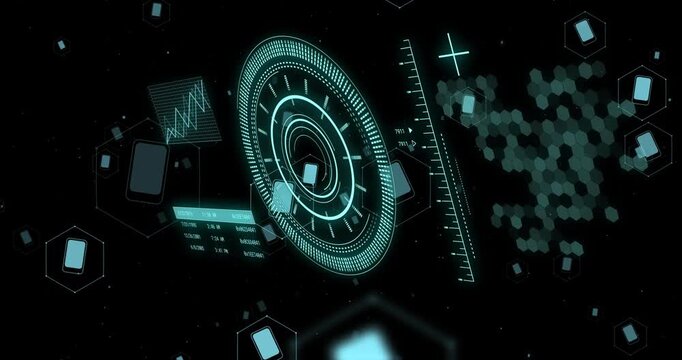Futuristic data processing animation with rotating elements and hexagonal shapes