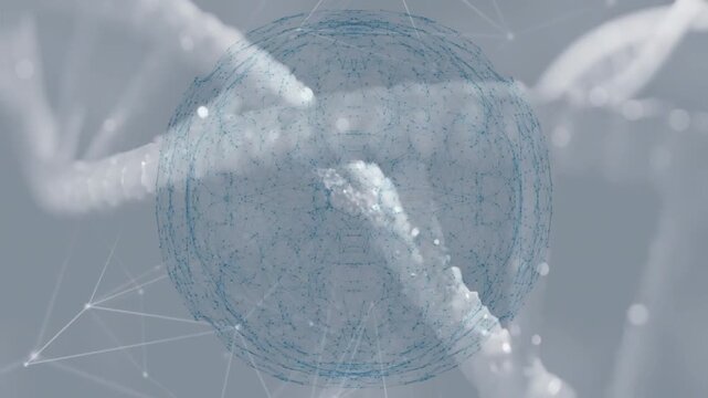 Digital network sphere intertwining with DNA strands, representing genetic data animation
