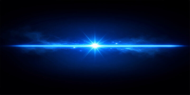An abstract blue background features a digital sky design with glowing stars and energy rays creating a motion effect through dark space and light flare backdrops