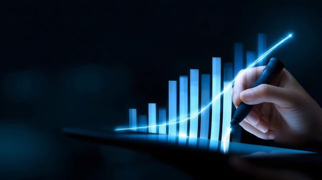Financial data analysis with rising bar chart, business growth strategy, investment performance, market analytics, profit increase, digital finance, fintech concept