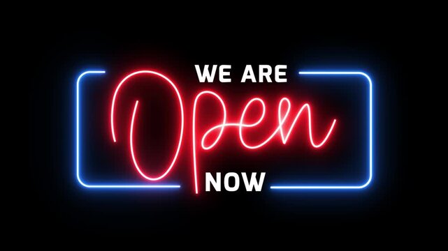 We Are Open Neon Sign Background on black background Seamless Looping 4k. animation of neon open sign blinking for night storefront, restaurant, motel and night business 4k video