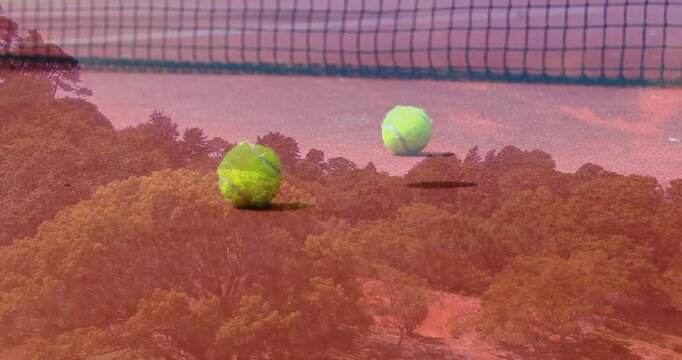 Four neon green tennis balls hovering above clay court before black net, flat design illustration