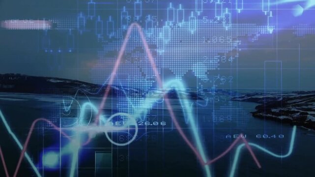 Displaying digital interface on fjord inlet showing fluctuating line graph dot map numeric overlays