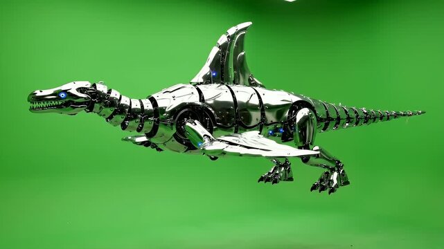 Full body animated robotic plesiosaurus mechanical dinosaur with stabilizer fins swimming and hovering on a vibrant green screen background with blue LED lights