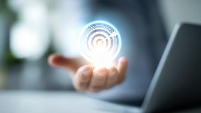 Glowing target symbol above hand, goal achievement, business success, strategic planning, mission concept, focus objective, innovation, corporate vision