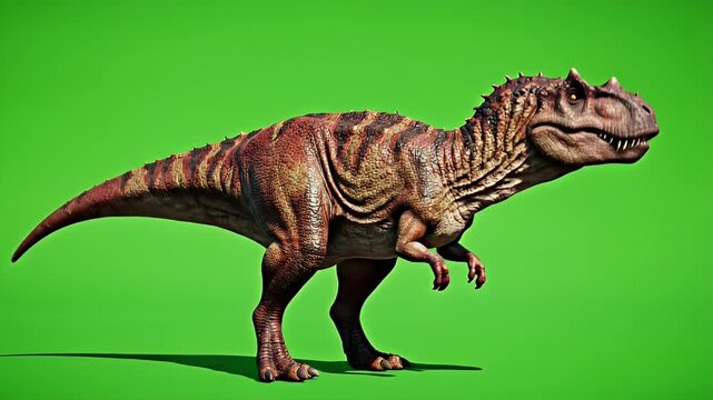 Realistic Carnotaurus Dinosaur Full Body Standing and Moving Head on Green Screen Background with Detailed Texture and Lighting