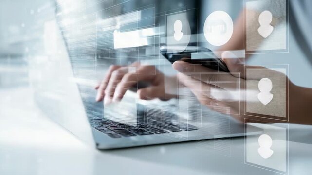 Social media communication on laptop and smartphone, digital marketing, online networking, mobile messaging, app interface, business technology, user engagement