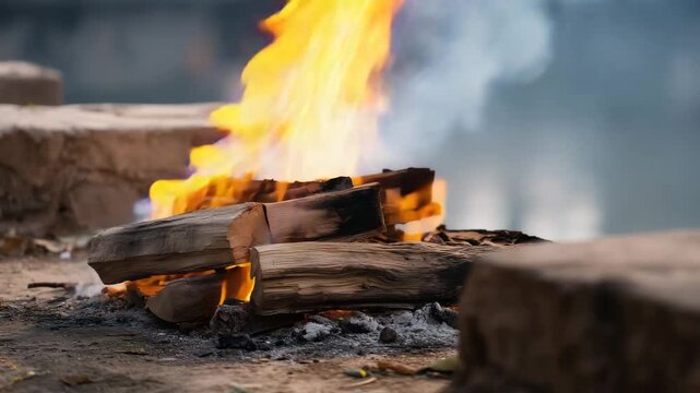 Sacred cremation fire with smoke and burning wood, funeral tradition, spiritual ritual, cultural ceremony, glowing embers, solemn farewell concept