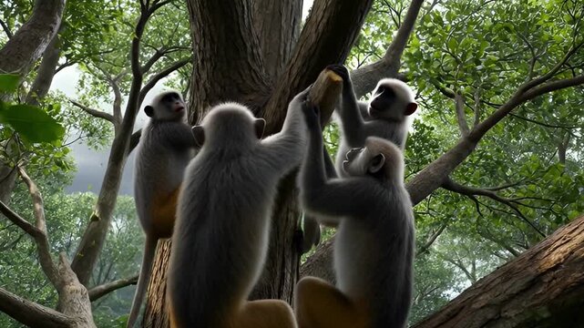 A ring tailed lemur in a tree surrounded by green foliage daytime scene