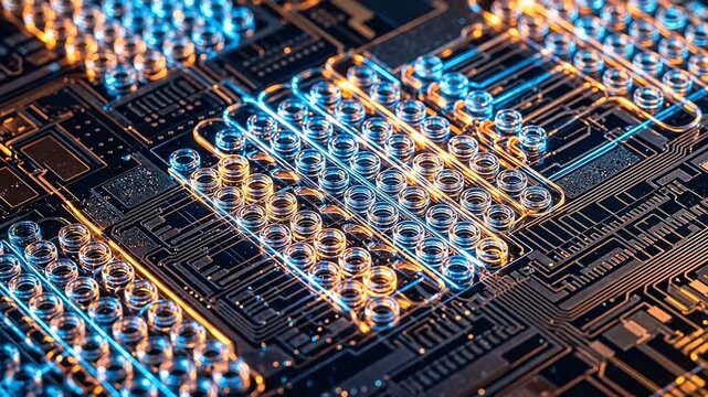 Photonic AI accelerator hardware contains dense maze of transparent glass micro-ring resonators on a silicon substrate glowing with intense light.