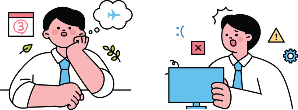 Frustrated employees dealing with travel and technical issues at work