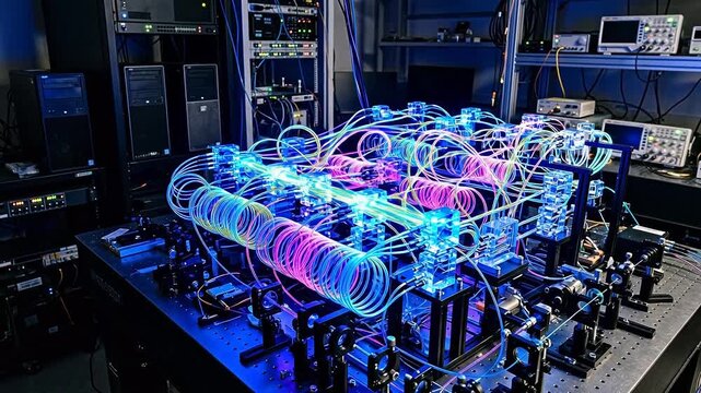 Optical graph neural network processor features physical delay loops of coiled optical fibers glowing with data among precision engineered glass nodes.